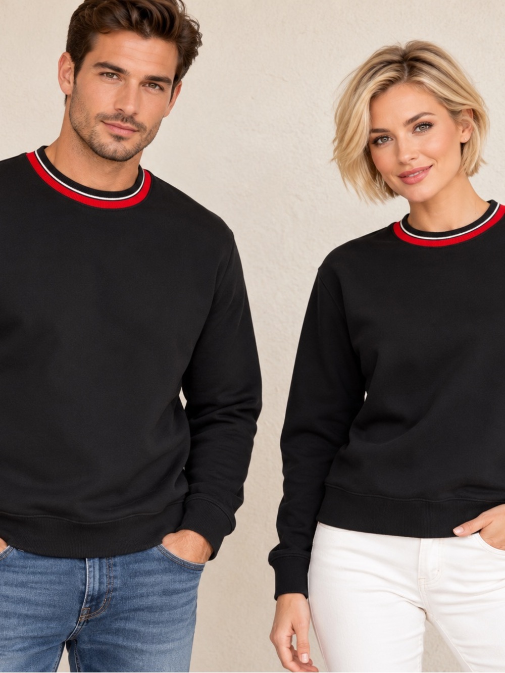 H&M Men's Black Sweatshirt with Red-Trim Crewneck Size M